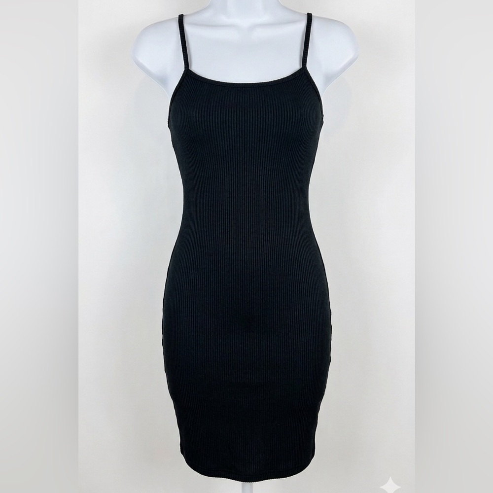 Heart & Hips Black Ribbed Bodycon Mini Dress Spaghetti Strap Side Slid Women’s S